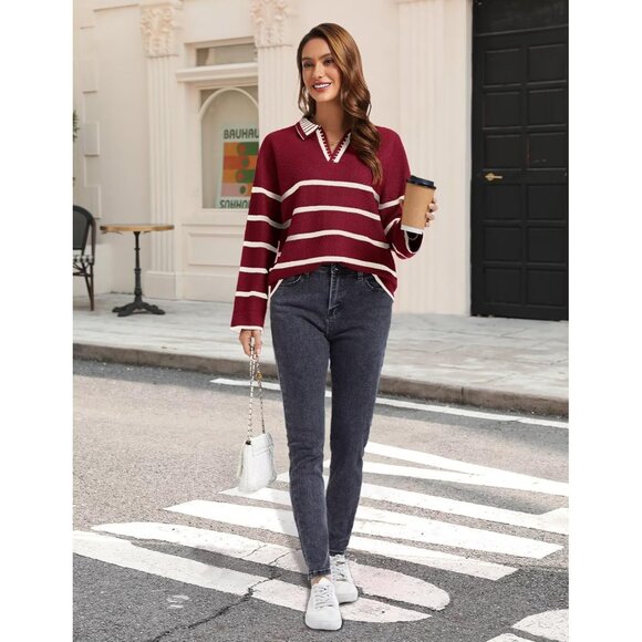 Women’s Burgundy Fall Polo Sweater Striped V Neck Long Sleeve Pullover - Picture 5 of 6